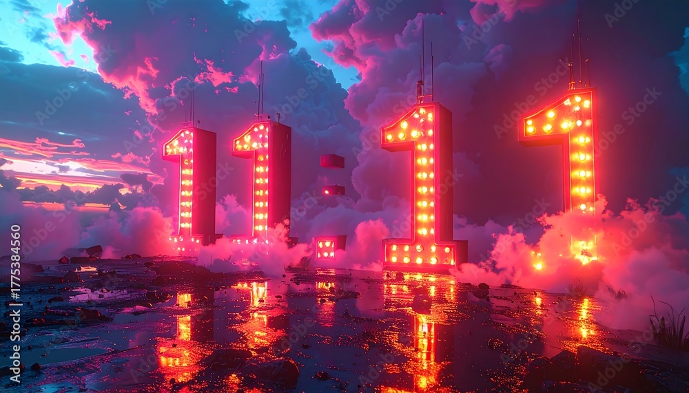 Naklejka premium Neon-lit 1111 structures emerge from a rocky landscape amidst dense, pink-hued clouds at twilight. Dramatic sky and reflective surface