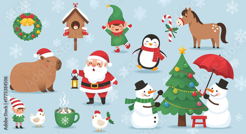 Cute christmas characters including santa claus, a capybara, penguin, snowman, elf, and horse, with festive elements like a tree and wreath