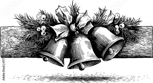 Vintage christmas frame for gift tag with pine garland and bells design