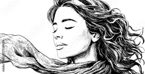 Ethereal woman with veil representing spirit of air in detailed engraving for artistic design