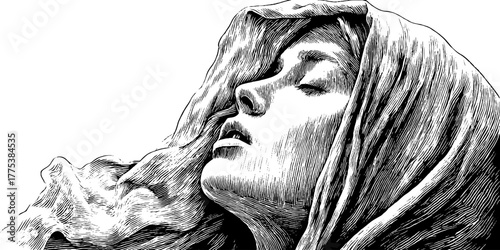 Ethereal woman embodying the spirit of air draped in a veil for artistic design