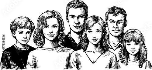 Vintage family portrait engraving in classic style for retro design and home decor