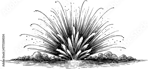Vintage concentric fireworks explosion engraving design for celebration themes