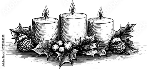 Vintage holiday design featuring candle arrangement with holly and pinecones for festive decor
