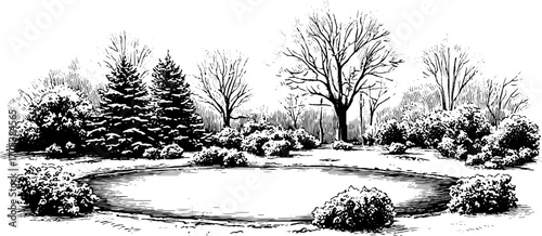 Winter landscape with frozen pond and snowy bushes in vintage style engraving