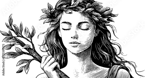 Engraved forest nymph leaf wreath branch silhouette vintage sketch hand drawn engraving illustration. Mystical feminine portrait with serene natural beauty and classic detail.
