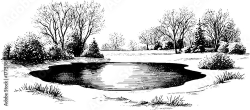 Winter landscape with frozen pond and snowy bushes - vintage engraving for seasonal decor