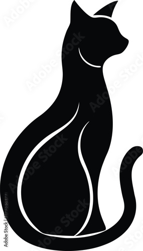 Elegant Black Silhouette Cat with White Contour Accents

