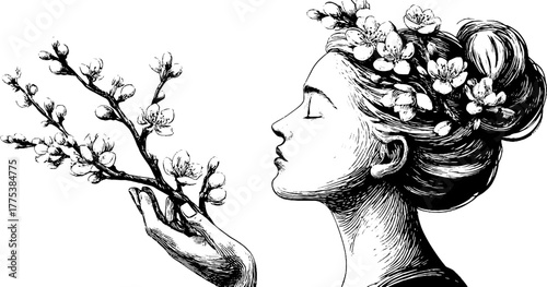 Vintage goddess of spring holding blooming branch - retro floral design for cards and posters