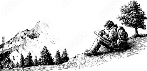 Vintage engraving of man sketching landscape on hillside for art and nature enthusiasts