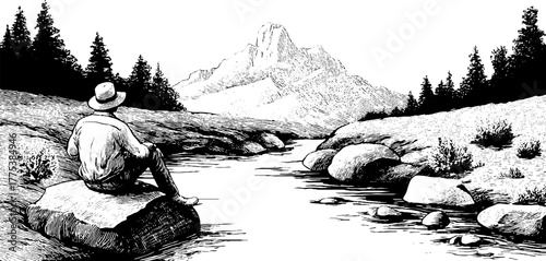 Vintage landscape with man sitting on rock by mountain stream