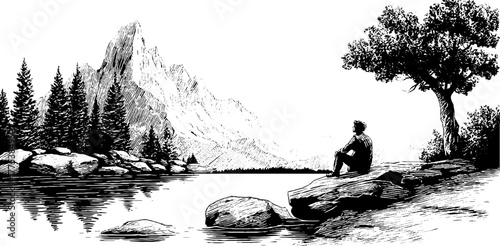 Serene vintage scene of man sitting on rock by mountain stream in retro hand drawn style