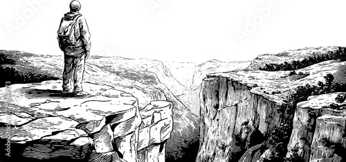 Adventurous man standing on cliff edge gazing at distant horizon in vintage engraving style
