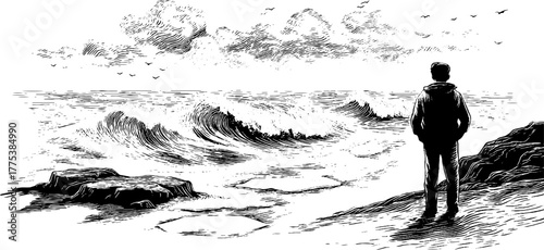 Vintage engraving of man standing on shoreline gazing at sea waves - retro silhouette design for posters