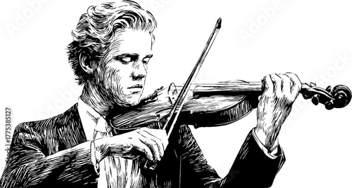 Vintage silhouette of musician playing violin engraving for design and print