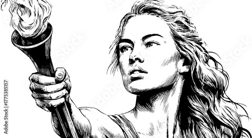 Mythological woman holding torch concept for retro design and print