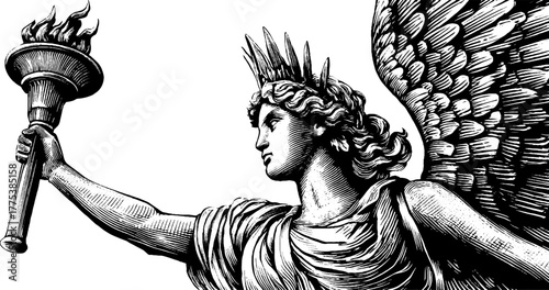 Mythological winged woman with torch engraving - symbol of enlightenment and power design for art and decor