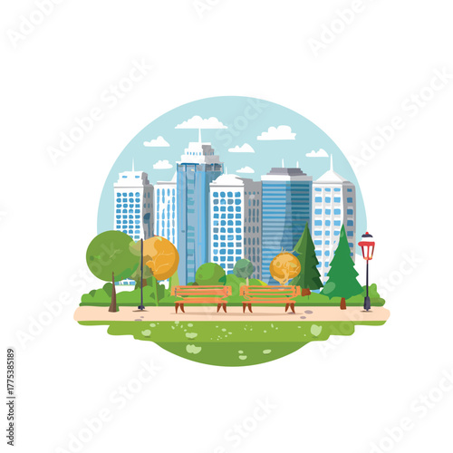 A stylized vector illustration of a city park with benches, trees, and a lamppost, set against a backdrop of modern skyscrapers and a cloudy sky.