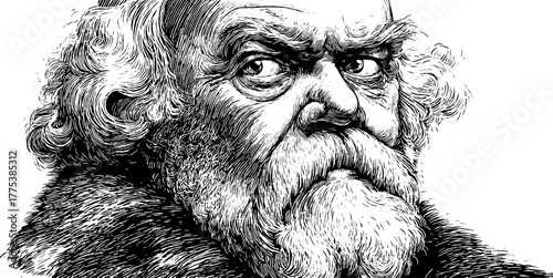 Detailed engraved portrait of elderly scholar in fur collar for historical design and academic themes