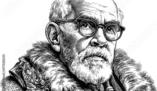 Portrait of an elderly scholar in fur collar and glasses, vintage sketch for retro design