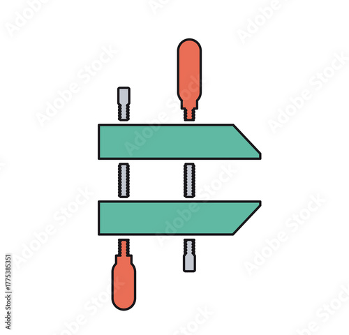 Clamp vise hand tool exerting strong pressure for construction, repair and woodworking tasks; simple vector illustration on white background