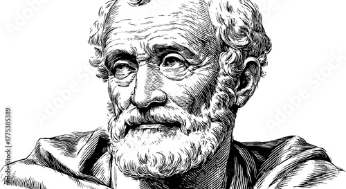 Renaissance man engraved portrait - detailed vintage illustration design for historical art projects