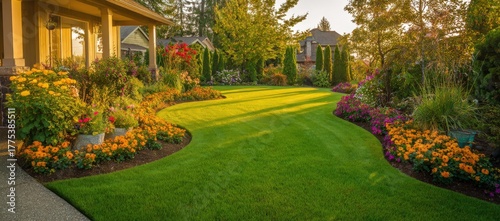 Front yard with perfect lawn, suburban house on the background