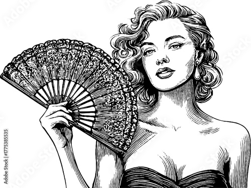 Elegant renaissance lady holding intricate fan - vintage engraved art for historical design and decoration