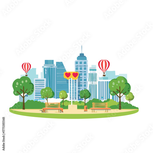 Cartoon city street with eco-friendly buildings, vector illustration of a green town landscape with trees, grass, and sky, showing sustainable urban architecture