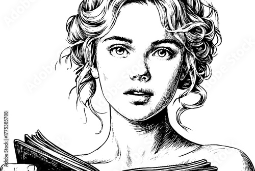 Renaissance woman engaged in poetry reading - vintage hand drawn engraving for art design