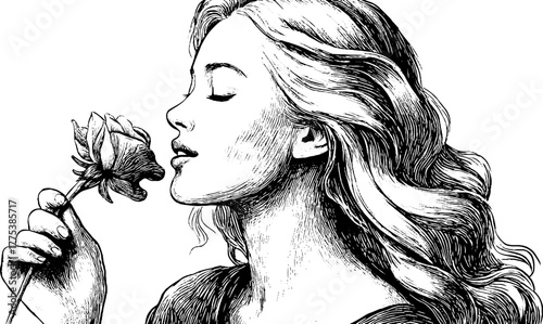 Renaissance woman holding a rose in hand drawn engraving art design for vintage decor