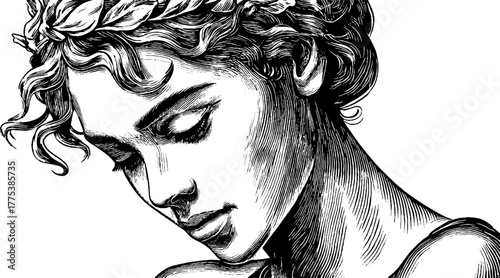 Pensive renaissance woman in vintage engraved style for art and design