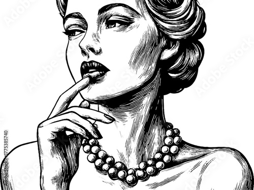 Renaissance woman in elegant pose touching necklace - vintage hand-drawn illustration