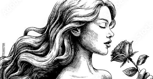 Renaissance woman with flowing hair and rose - vintage engraved art for design