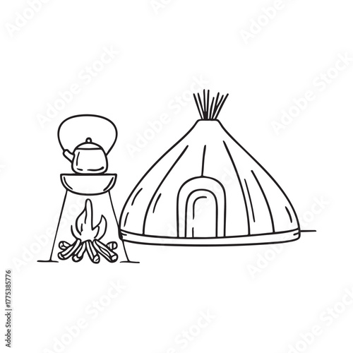 A yurt next to a kettle steaming over the fire