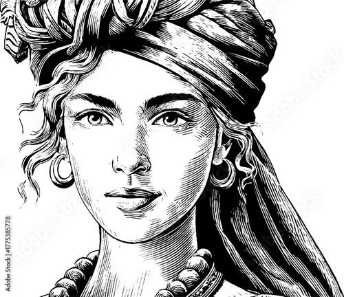 Renaissance woman with veil and elaborate hairstyle in engraving style