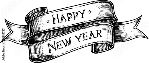 Vintage engraved ribbon banner with happy new year message - perfect for holiday greetings and retro designs