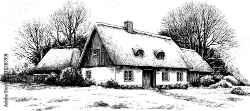 Rustic village house with thatched roof in vintage engraving style for design and decor
