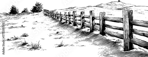 Rustic wooden fence partially buried in snow with vintage engraving style for winter landscape art