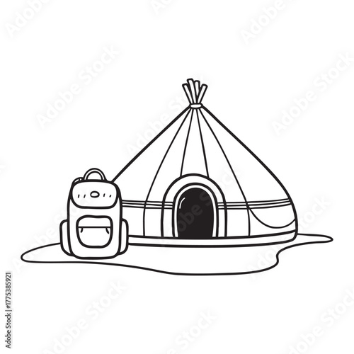 A yurt close to a backpack placed on the ground