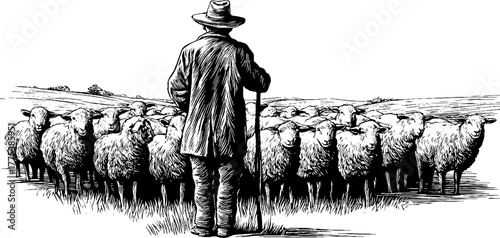 Vintage pastoral scene with shepherd leaning on staff and flock of sheep