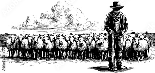 Rustic shepherd and flock in vintage etched design for decor or print