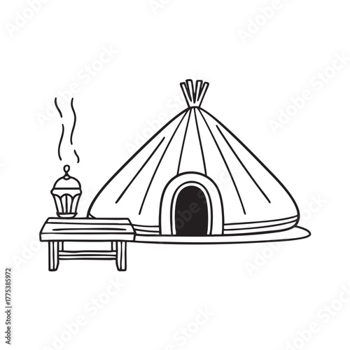 A yurt situated near a wooden bench and lantern