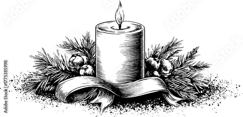 Vintage holiday candle with pine and ribbon for festive design and decoration