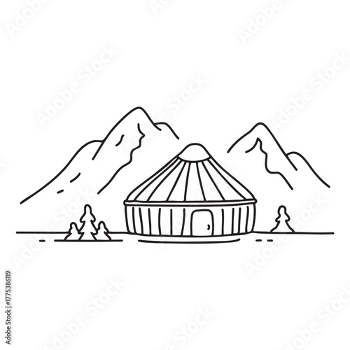 A yurt set before a snow-capped mountain range