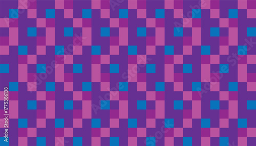 Seamless geometric pattern in purple, pink, and blue hues with square grid design. The bold contrast and rhythmic repetition create a vibrant, modern, and playful visual style