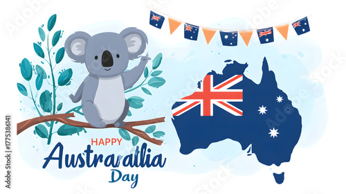 Happy australia day with a waving koala and australian map
