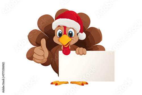 Festive turkey wearing santa hat holding blank sign