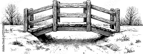 Vintage engraved wooden bridge covered in snow with detailed railing - winter scene design for posters and cards