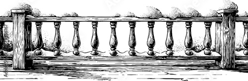 Vintage engraved snow-covered wooden bridge railing detail for winter design